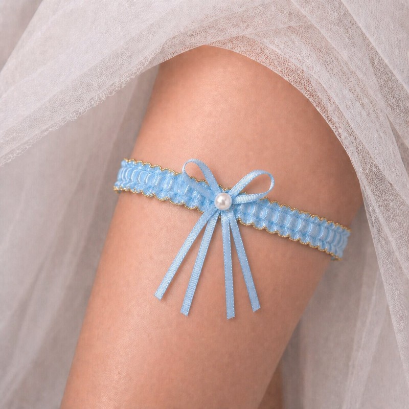 Podwiązka ślubna niebieska ze złotym zdobieniem handmade BRIDAL STOLE