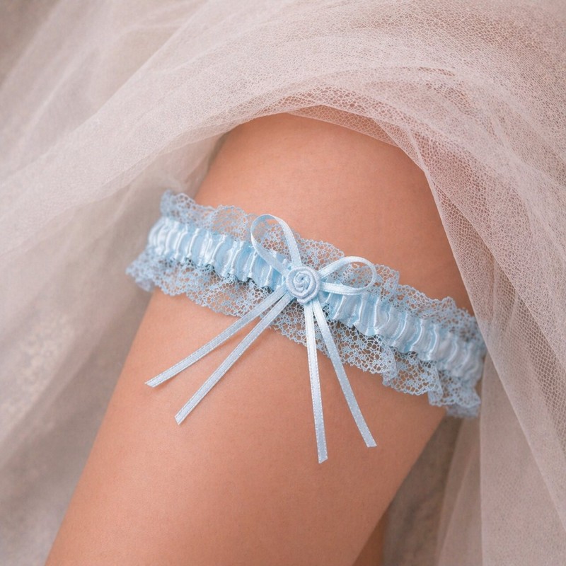 Podwiązka ślubna niebieska koronkowa z różyczką dla panny młodej handmade BRIDAL STOLE