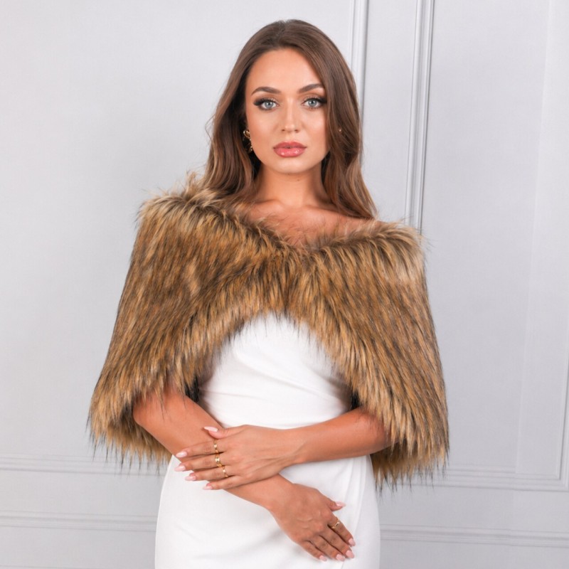 ANGEL II – Wedding Fur Cover-Up Wrap Brown Faux Fur Wedding Jacket for Winter for Bride and Wedding Guests Brown BRIDAL STOLE
