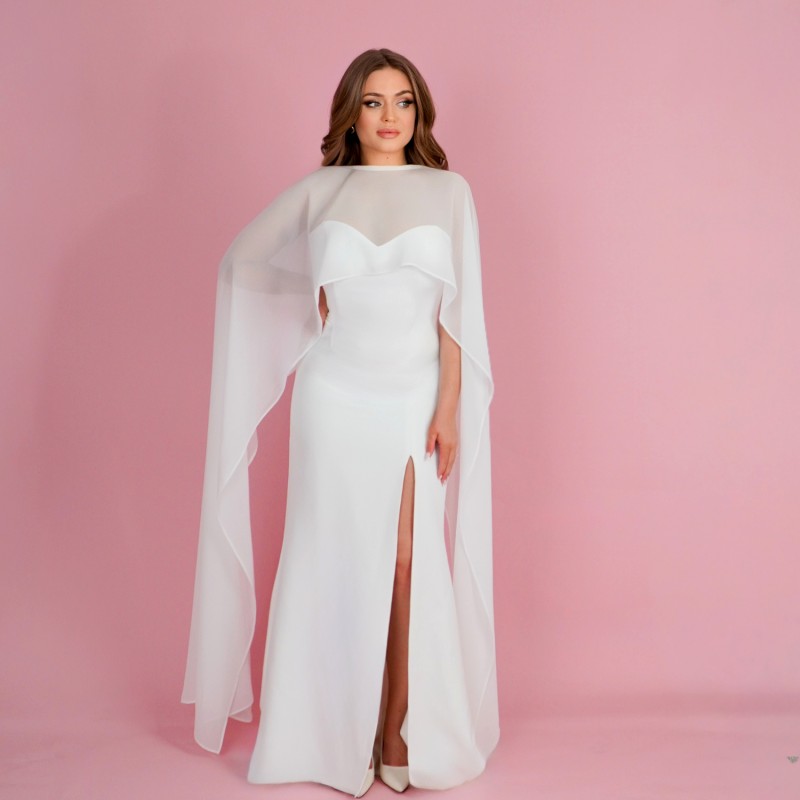 GRAZIA – White bridal chiffon bolero cape, floor-length wedding wrap, bridal cover-up