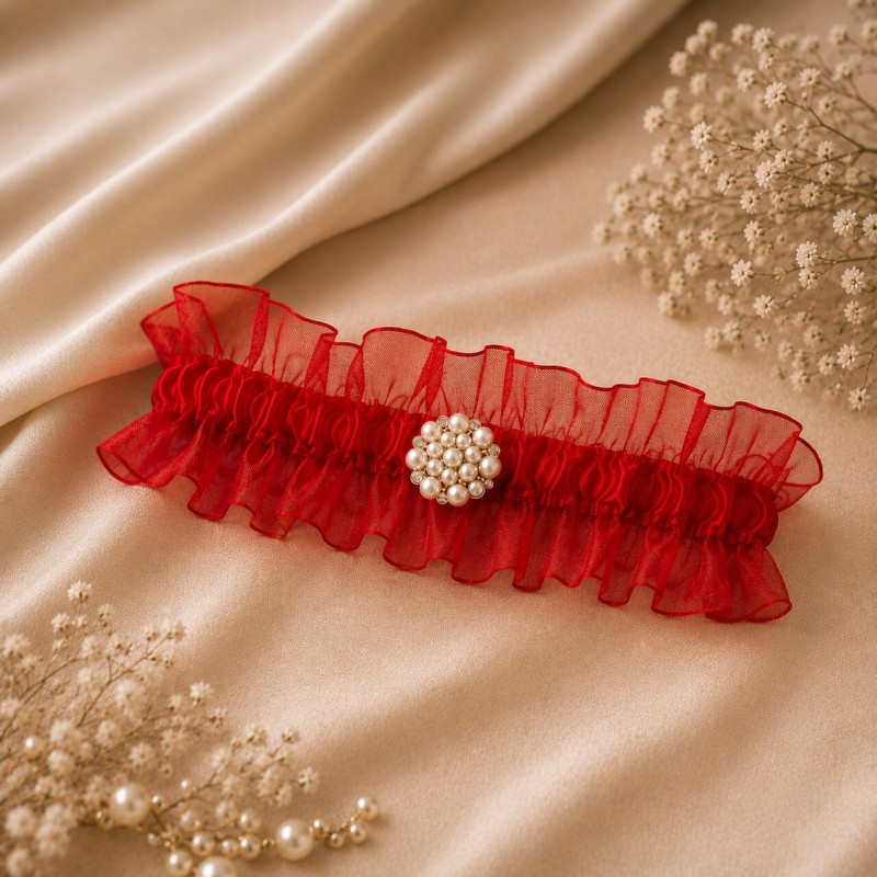 Red tulle prom garter with gold button handmade BRIDAL STOLE