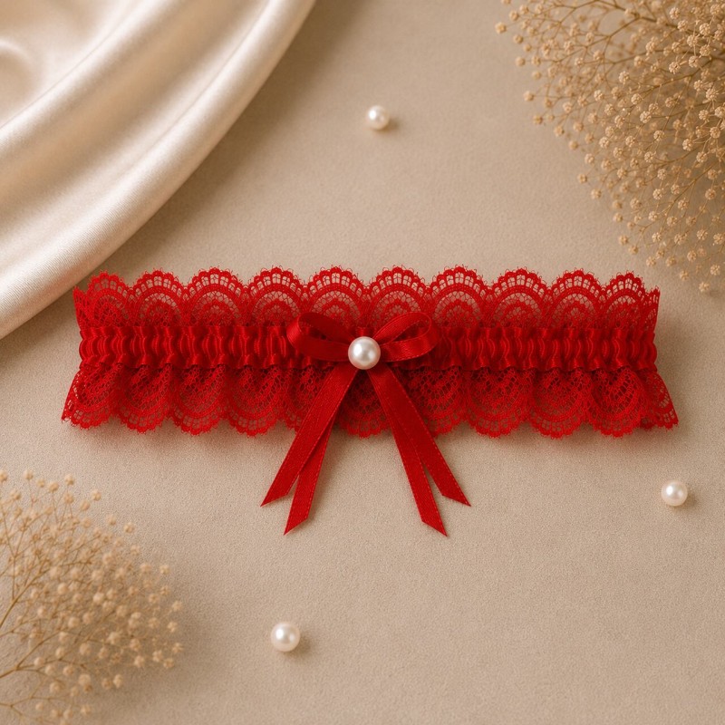 Red Lace Prom Garter with Pearl Handmade BRIDAL STOLE