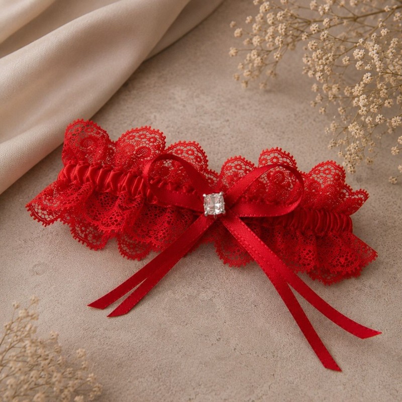 Red Lace Prom Garter with Diamond Handmade BRIDAL STOLE