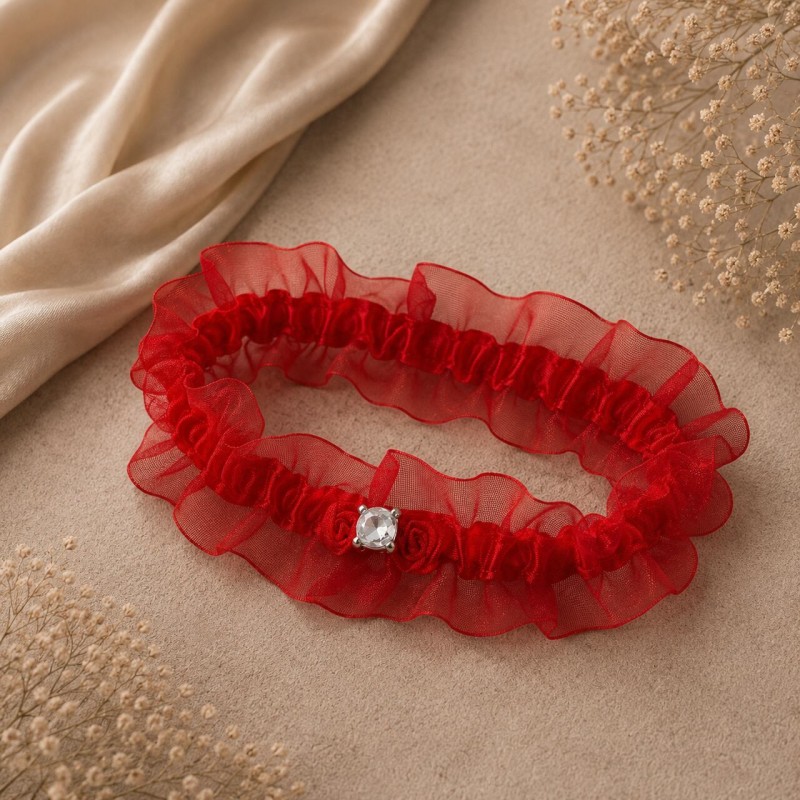 Red tulle prom garter with a diamond and roses, handmade by BRIDAL STOLE