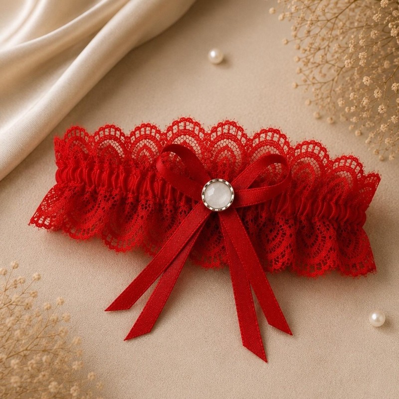 Red lace prom and graduation garter with a decorative button, handmade by BRIDAL STOLE